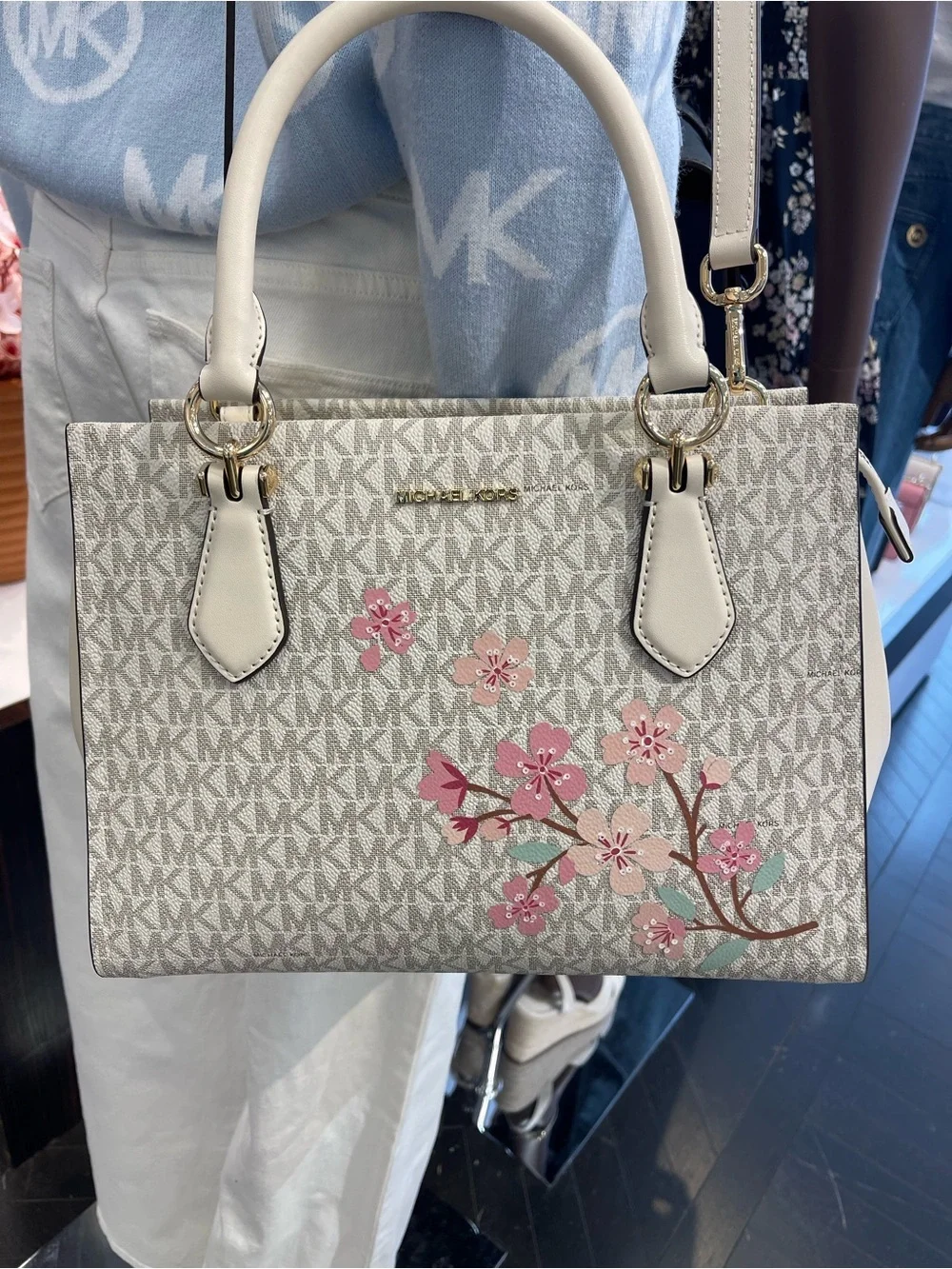 Michael Kors Marilyn Medium Embellished Signature Logo Satchel Light Cream  NWT
